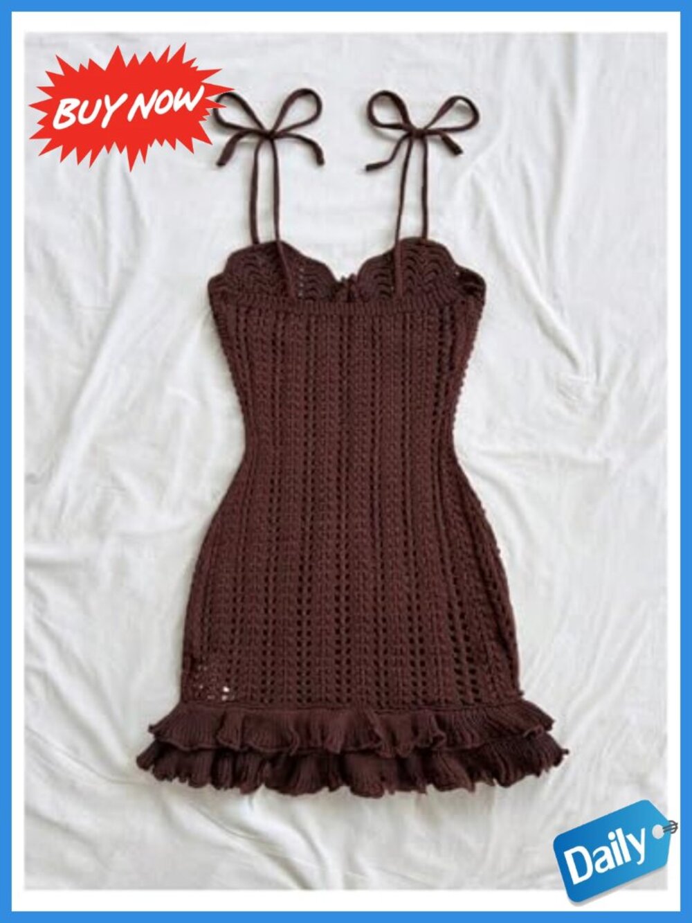 Boho Chic Starfish Crochet Mini Dress Tie Shoulder Ruffle Layered Sleeveless - Picture 2 of 4